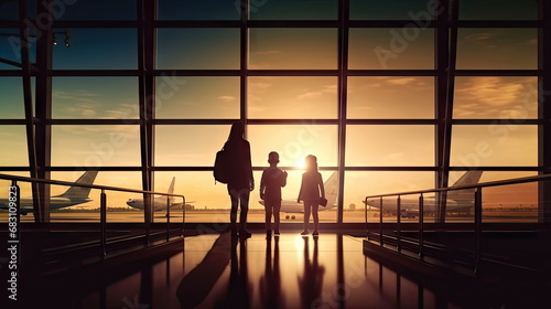 Family travelling with young child walking to departure gate, silhouette of people, travel concept