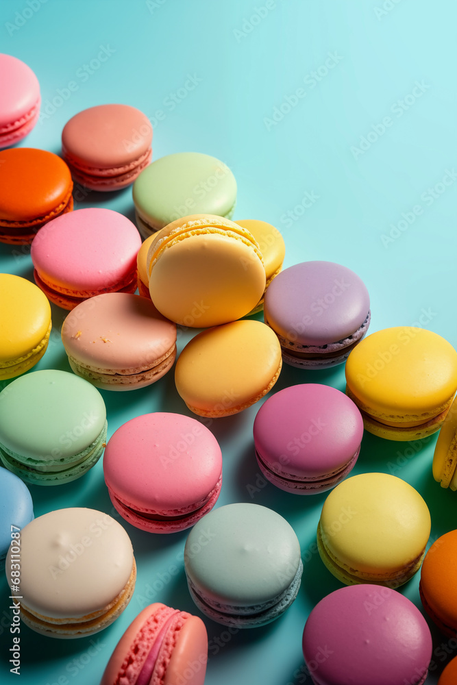 Fototapeta premium Colorful macaroons on the pastel background. Generative AI