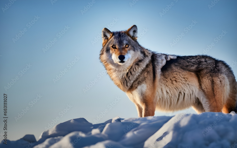 Solitude Serenity, Majestic Lone Wolf atop a Snow-Kissed Summit