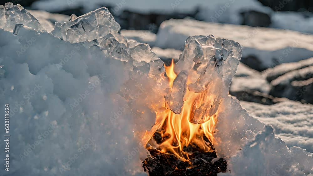 Closeup fire meeting, small fire block ice. fire slowly melts down, creating intricate cracks crevices before eventually extinguishing itself. Closeup fire meeting, small fire block ice. fire slowly melts down, creating intricate cracks crevices before eventually extinguishing itself.