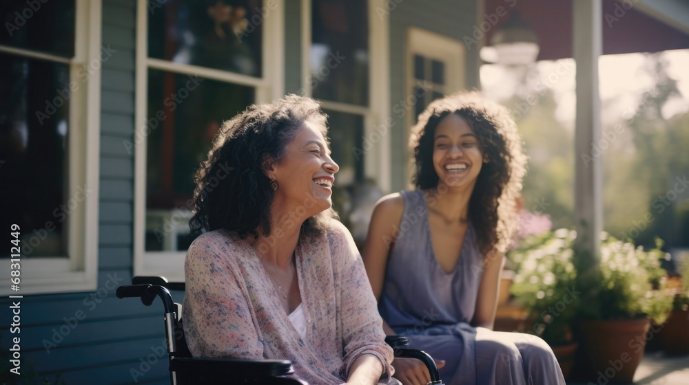 Fototapeta premium Young African American daughter with disabled mature Caucasian mother on sunny day outdoors on porch, Mixed race female family relaxing
