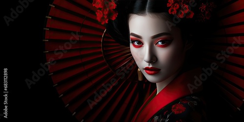 her face is covered in red makeup and wearing her traditional kimono, generative AI