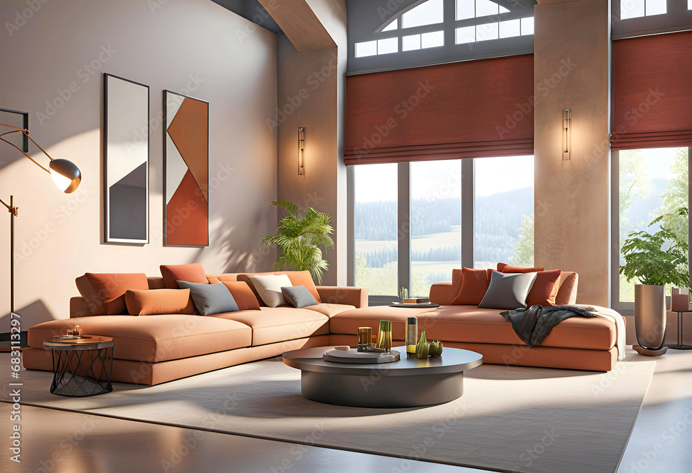 Fototapeta premium modern room design with white sofa and terracotta pillows and blanket, cozy calm atmosphere of a beautiful home, modern space design,