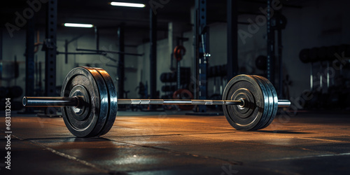 A weighted barbell placed on the floor. photo