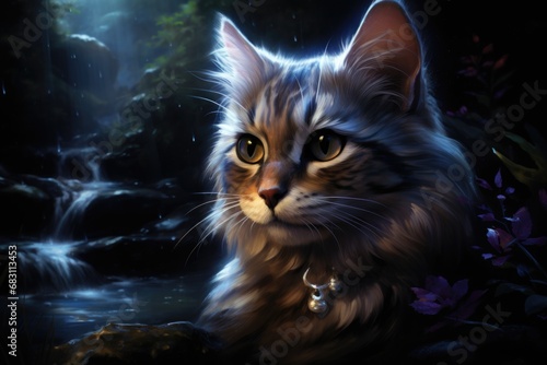 A painting of a cat sitting in front of a waterfall.