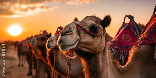A line of camels standing close together in a sandy desert. photo