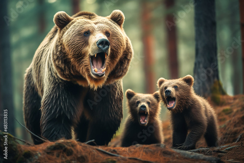 A mother bear and her cubs in the forest. They are wary of humans and other animals. Love between parent and child, cute animals, dangerous wild animals concept.