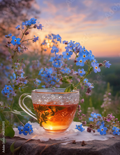 Fotografija Beautiful teatime outdoors, teaglass with evening sun and small flowers with cop