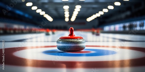 Canvastavla curling stone positioned in the middle of a curling rink.