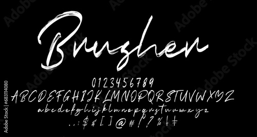 Brusher Brush font script vector lettering. Best Alphabet Alphabet Brush Script Logotype Font lettering handwritten