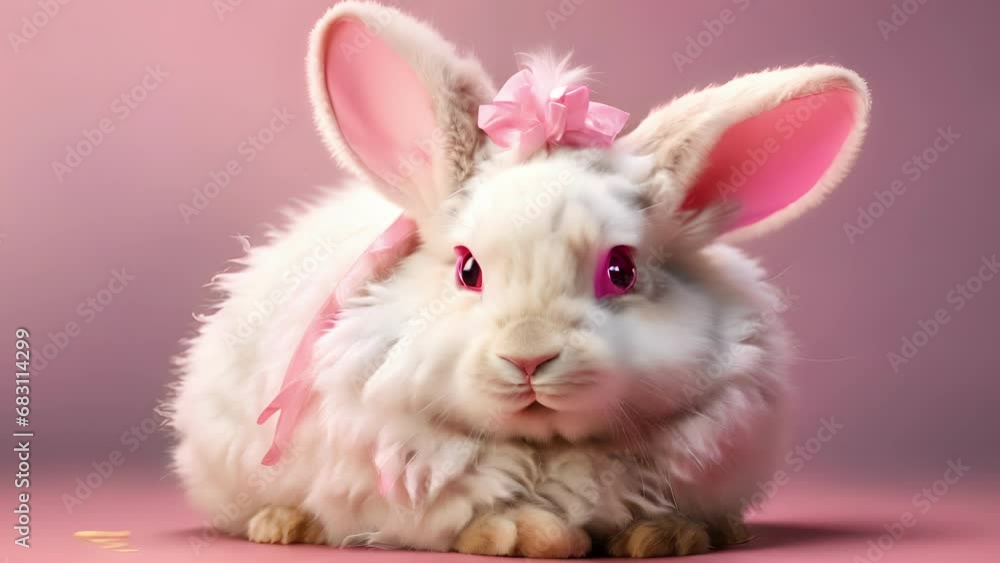 Closeup animation of a fluffy white Rabbit with pink ears and a twitching nose. .