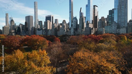 Autumn Fall. Autumnal Central Park view from drone. Aerial of NY City Manhattan Central Park panorama in Autumn. Autumn in Central Park. Autumn NYC. Central Park Fall Colors of foliage. photo