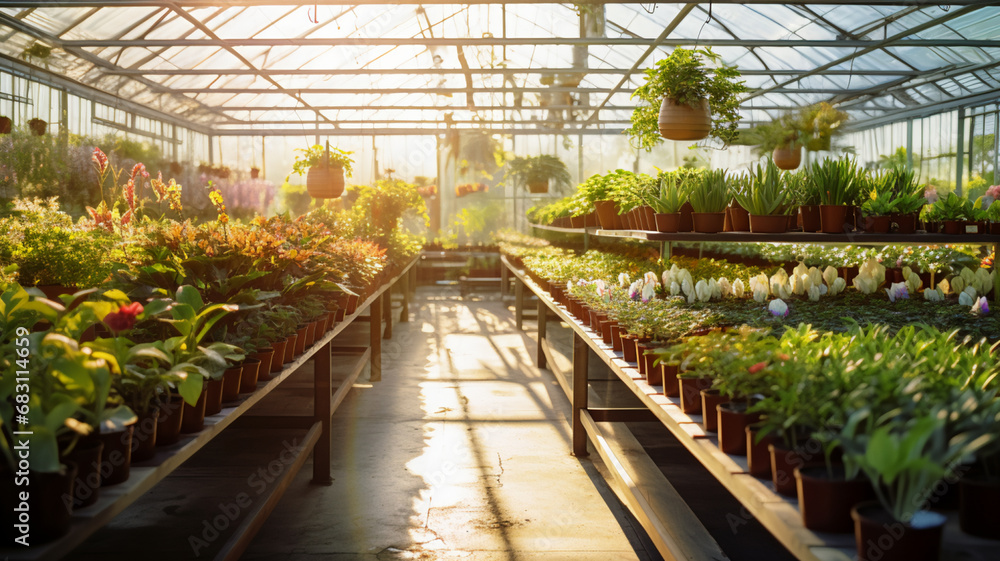 A greenhouse filled with rows of potted plants, AI Generative. A greenhouse filled with rows of potted plants, AI Generative.