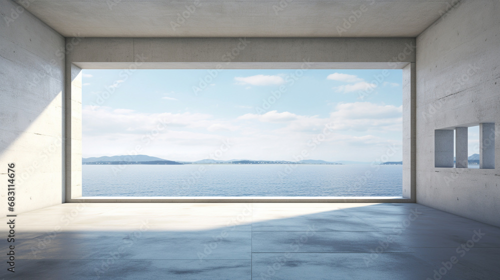 An empty brutalism concrete room with a view of the ocean An empty brutalism concrete room with a view of the ocean