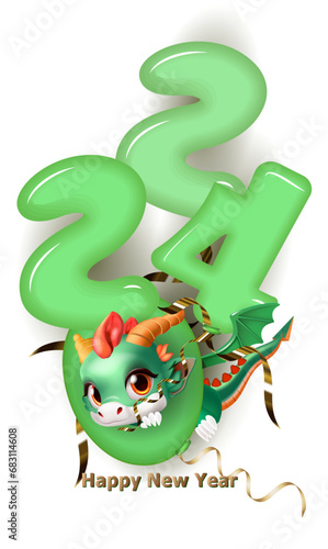 Cute green dragon, balloons and numbers 2024. Vector illustration