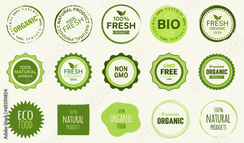 Vector set of organic product badges. GMO-free. Food product label sticker icons. Natural, healthy meal badge emblems. Vector illustration