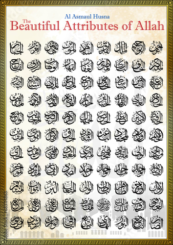 99 names of Allah Al Asmaul Husna the beautiful names of Allah arabic calligraphic vector design on paper textured page background