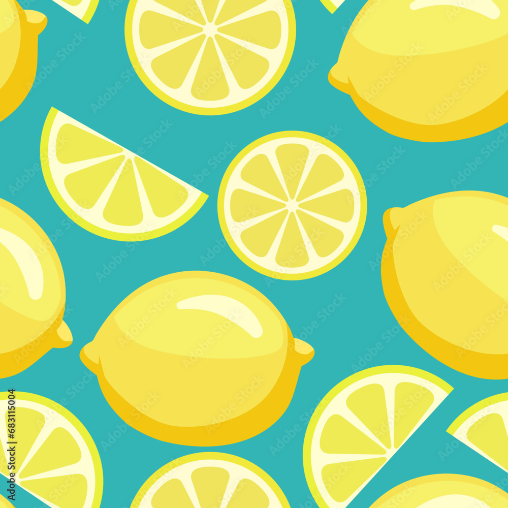 Juicy tropical lemon background. card illustration. Fresh citrus yellow lime fruit peeled, piece of half, slice. Seamless pattern for packaging design healthy food diet juice