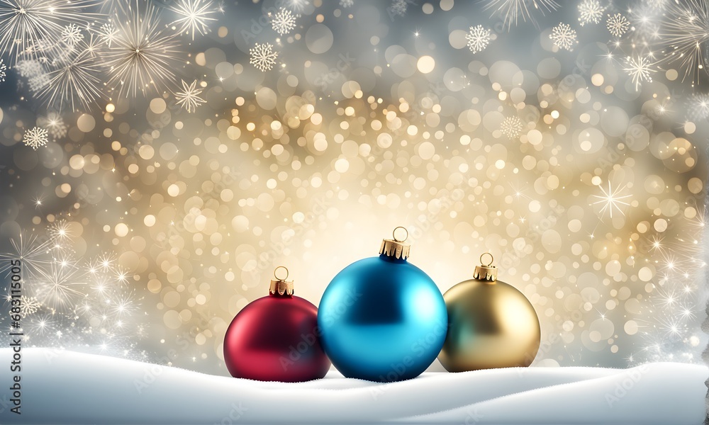 Christmas decoration balls on snowy landscape with a sparkling background. Holiday banner., postcard, poster Christmas decoration balls on snowy landscape with a sparkling background. Holiday banner., postcard, poster