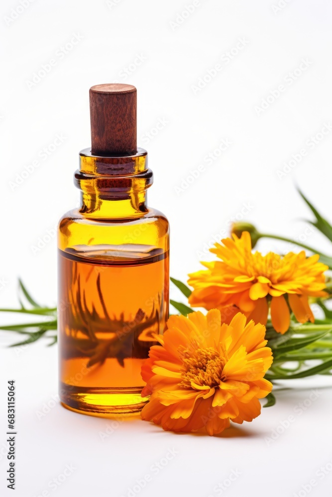 A bottle of essential oil next to a bunch of marigold flowers. Dark glass bottle on white background. A bottle of essential oil next to a bunch of marigold flowers. Dark glass bottle on white background.