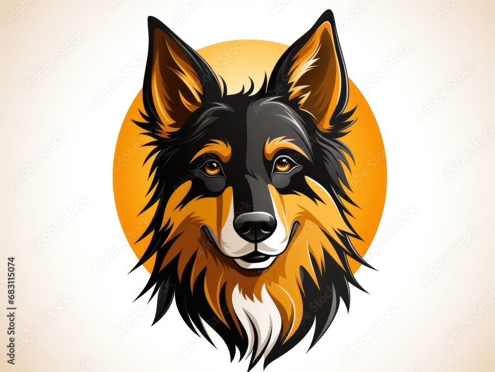 A black and brown dog with a yellow sun in the background. A black and brown dog with a yellow sun in the background.