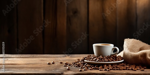 A wooden table featuring a bag of coffee beans and a coffee cup.