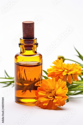 A bottle of essential oil next to a bunch of marigold flowers. Dark glass bottle on white background.