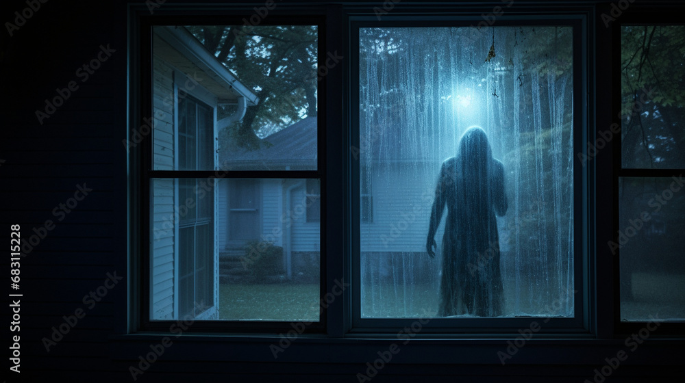 A person standing in front of a house window in the dark