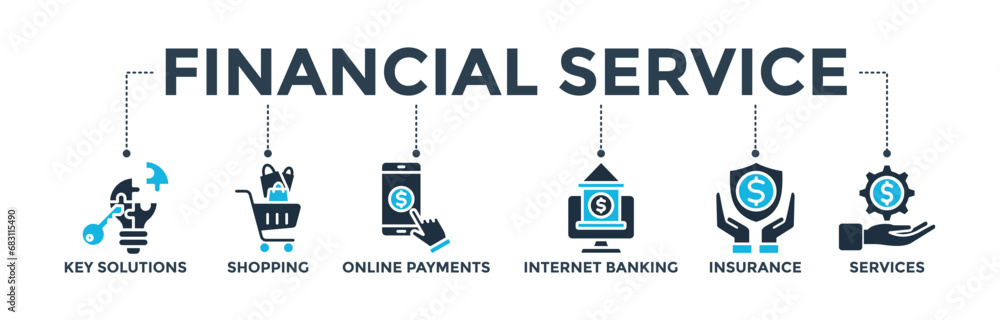 Financial service concept with icon of key solutions, shopping, online payments, internet banking, insurance and services. Banner web icon vector illustration Financial service concept with icon of key solutions, shopping, online payments, internet banking, insurance and services. Banner web icon vector illustration