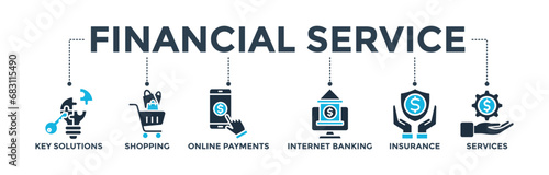Financial service concept with icon of key solutions, shopping, online payments, internet banking, insurance and services. Banner web icon vector illustration 