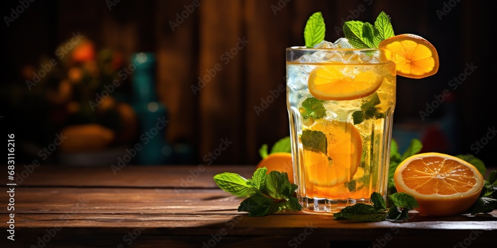 Chilled orange beverage with lemon and mint on a wooden surface. Chilled orange beverage with lemon and mint on a wooden surface.