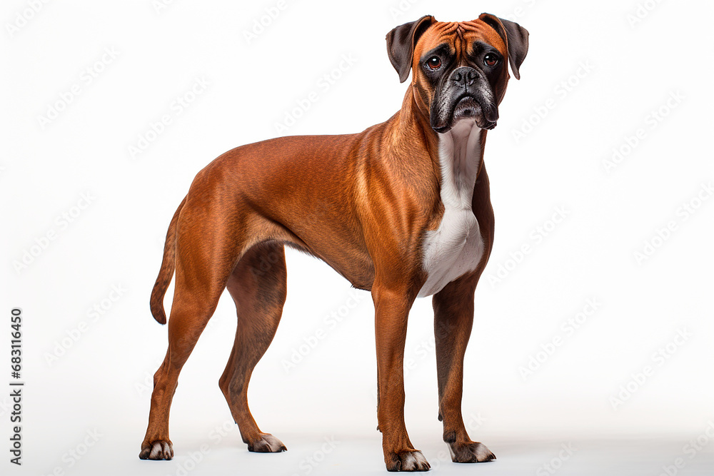Boxer dog standing on a white background. Animal right-side portrait. Boxer dog standing on a white background. Animal right-side portrait.