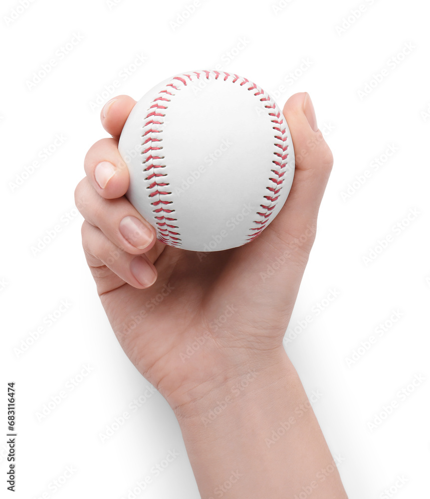 Woman with baseball ball on white background, closeup Woman with baseball ball on white background, closeup