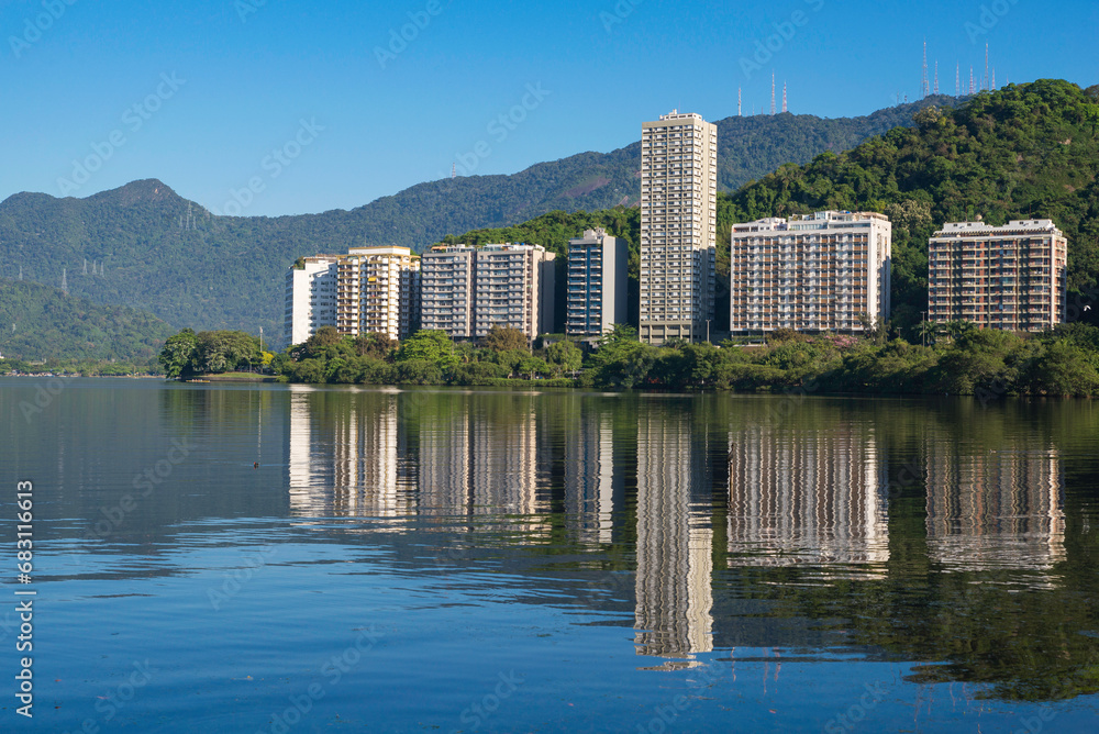 Residential Buildings and Mountains around Rodrigo de Freitas Lake in Rio de Janeiro, Brazil