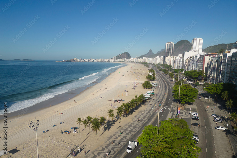 Aerial View of Empty Copacabana Beach in Rio de Janeiro, Brazil