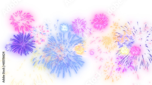 png fireworks on dark night sky, multicolor new year celebration shiny ang glowing bursts on transparent background design element	