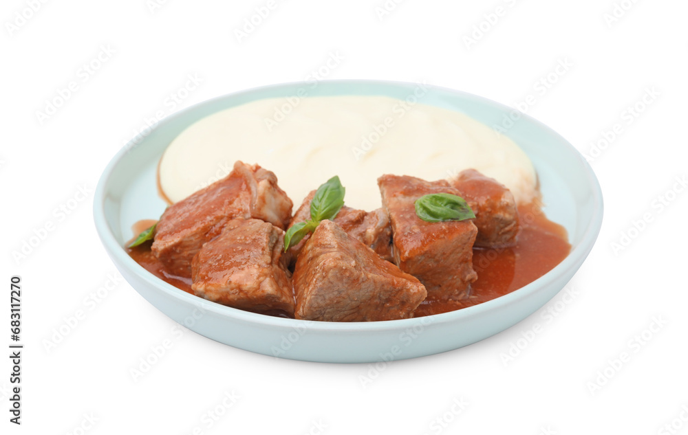 Delicious goulash with mashed potato isolated on white Delicious goulash with mashed potato isolated on white