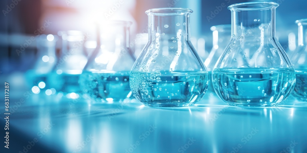 Blue liquid in lab glassware on a scientific laboratory desk. Blue liquid in lab glassware on a scientific laboratory desk.