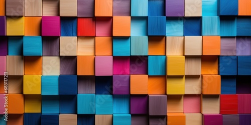 Multicolored wooden blocks neatly lined up in a broad format. photo