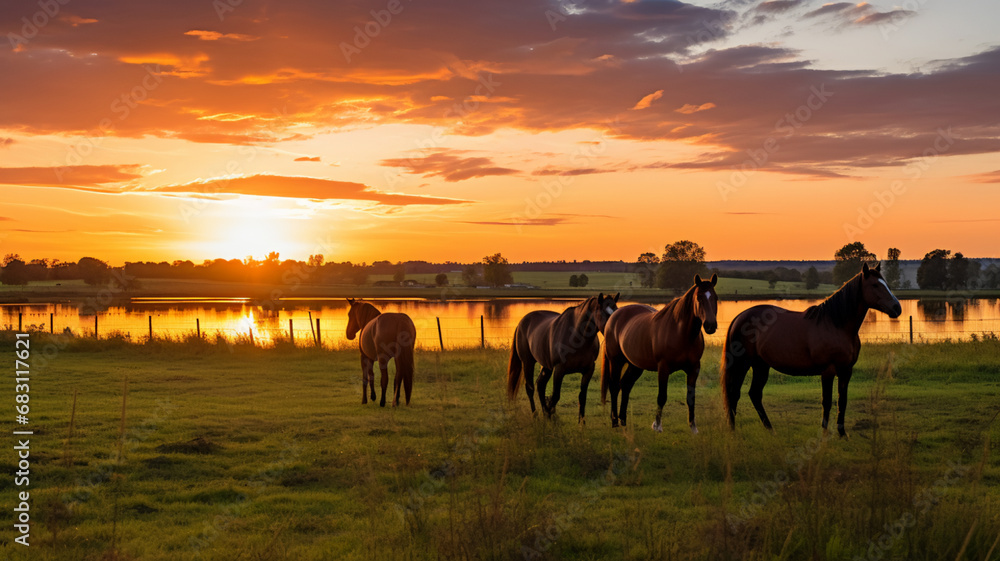 Thoroughbred horses grazing at sunset in a field. AI Generative.