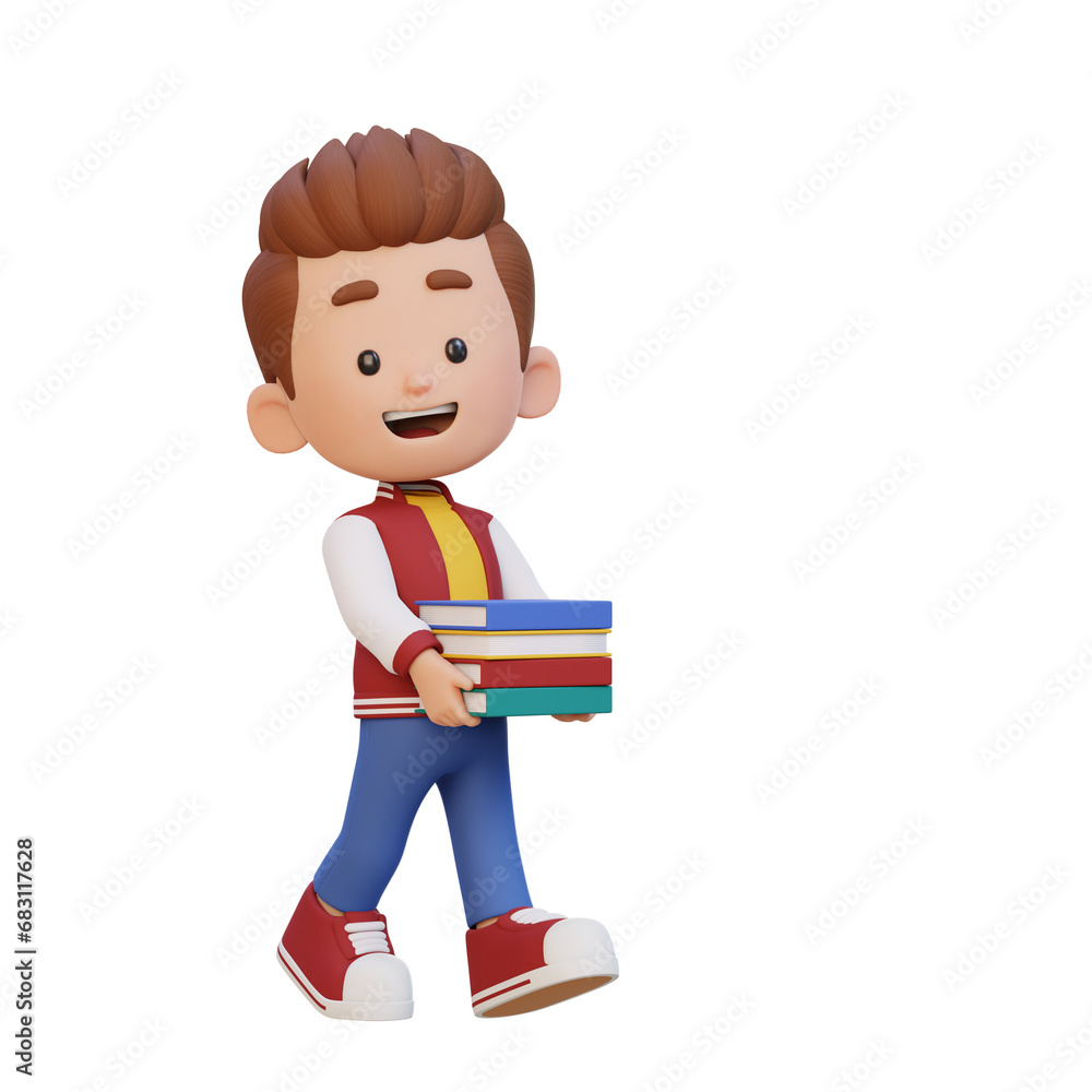 3D happy kid character holding book 3D happy kid character holding book