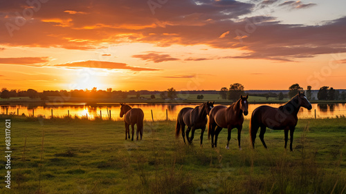 Thoroughbred horses grazing at sunset in a field. AI Generative. © Miry Haval
