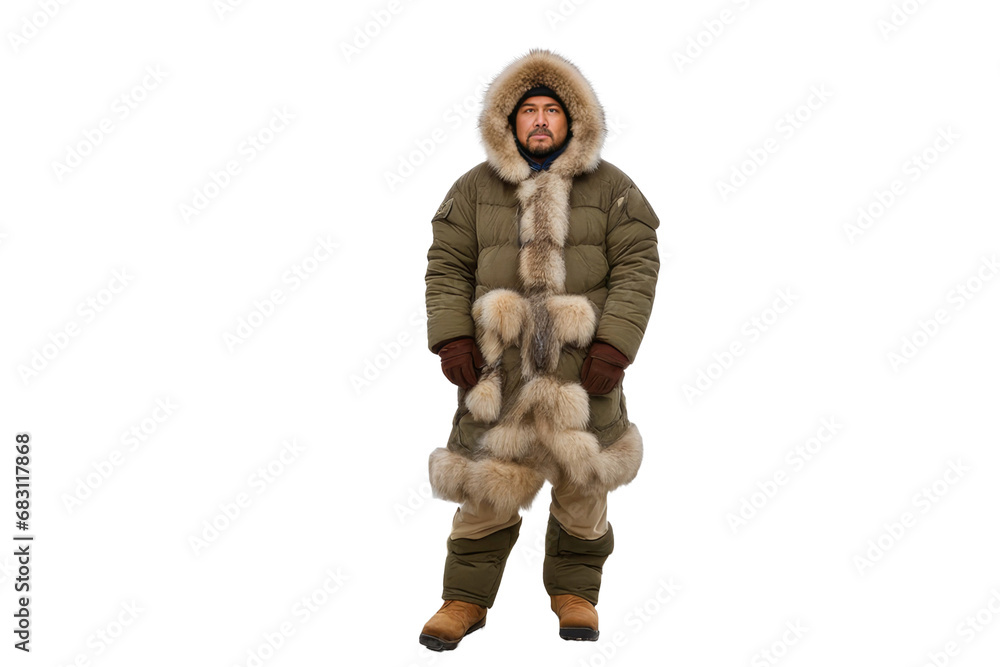 a high quality stock photograph of a single eskimo man in a pose in the center isolated on white background