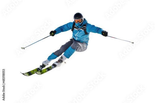 a high quality stock photograph of a single jumping skier full body in a pose isolated on white background photo