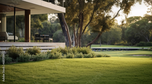 Home & Garden photo — Beautiful manicured, landscaped, exterior modern home and garden area with flowers, using short depth of field photography — flowers, grass, trees, modern house