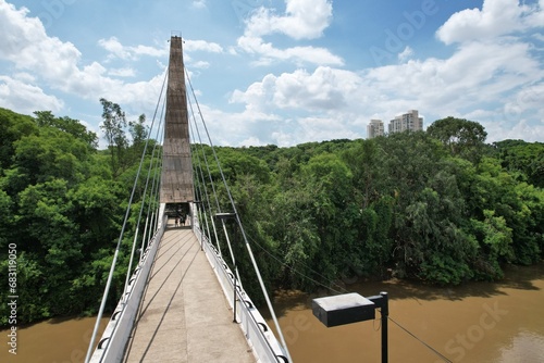 Aerial View of the Piracicaba Pedestrian Suspension Bridge over the Piracicaba River in Brazil