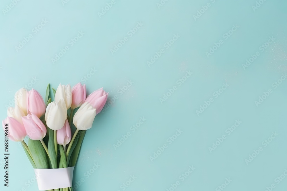 Beautiful composition spring flowers. Bouquet of pink white tulips flowers pastel blue background. Valentine's Day, Easter, Birthday, Happy Women's Day, Mother's Day. Flat lay, top view, copy space - obrazy, fototapety, plakaty 