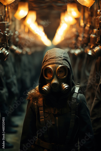 Mysterious Figure in a Gas Mask Amidst a Warmly Lit Background