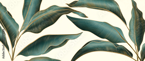 Luxury abstract art background with tropical palm leaves in golden line style. Botanical banner for wallpaper, decor, print, packaging, textile, poster, interior design.