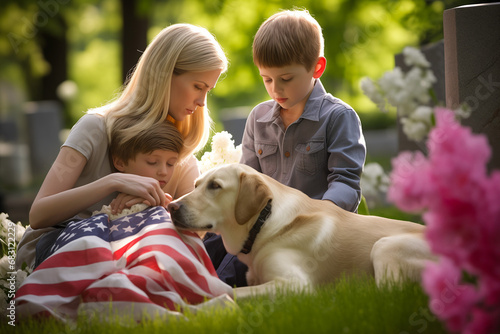 Grave Tombstone's Family Mom Kids Dog Lab USA Flag Patriot Fallen Soldier Military Boys Grieving Mourning